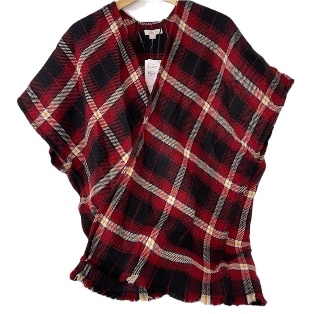 LOFT Poncho Wrap Plaid Frayed Hem Open Front Red Black NWT Women’s Size XS/S